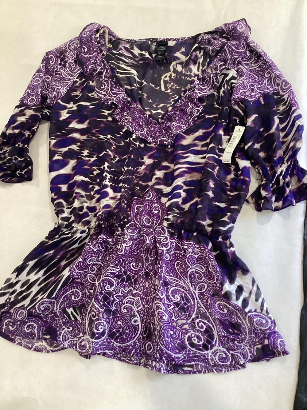 Bisou Bisou Purple Mixed-Print V-Neck Peplum Blouse size X-Large 9/20
